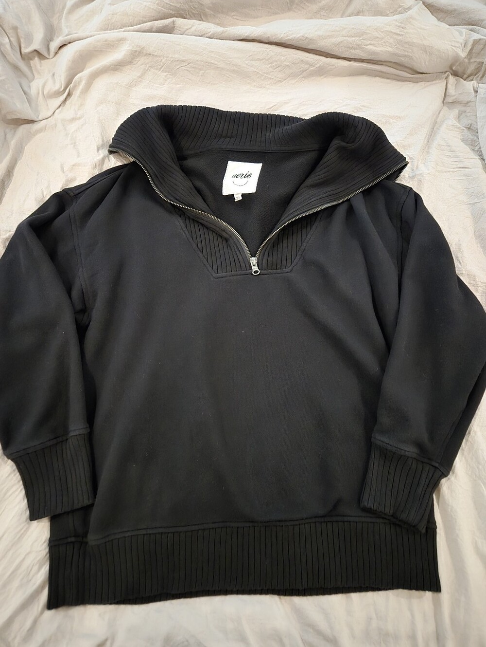 Aerie Black Oversized Quarter Zip Pullover Sweatshirt XS Ribbed Collar